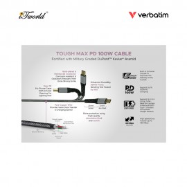 Verbatim 120cm Tough Max E-Marker Kevlar Type-C Cable - PD100W (Type C to Type-C) (Grey) [Fortified with DuPont™ Kevlar  ® with E-Marker chip] 66065 4895117960653