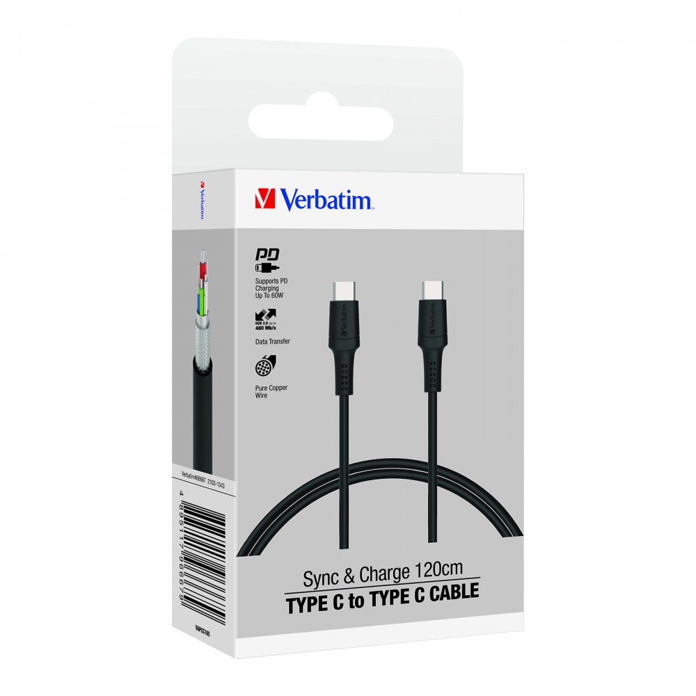 Verbatim 120cm Sync & Charge Type-C Cable (PD60W & 480Mbps) (Type-C to Type-C) (Black) 66667 4895117966679