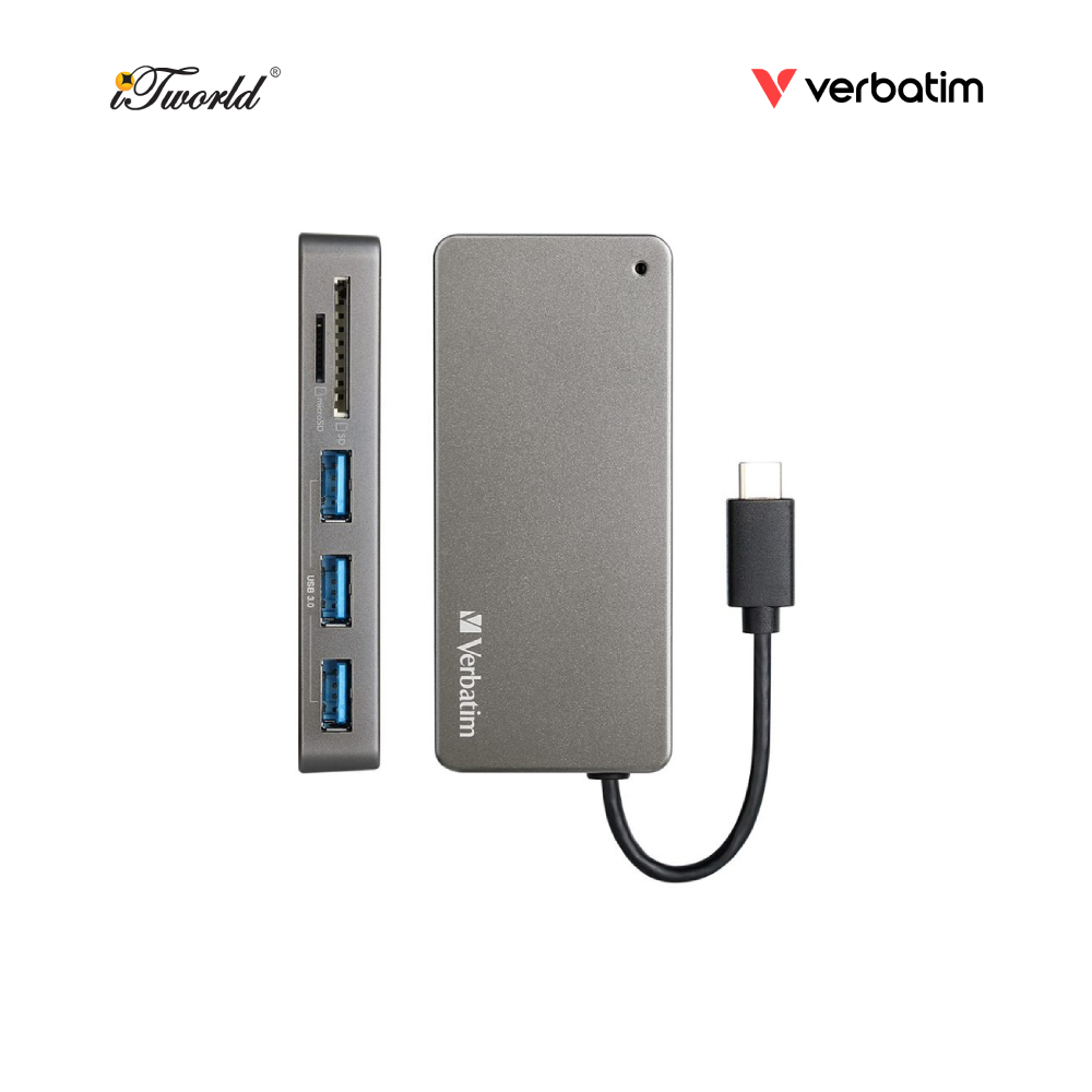 Verbatim 5-in-1 USB & Card Reader Hub (Grey) Type-C Hub with USB3.0 x 3 & SD/MicroSD Card Reader 65679 4895117956793