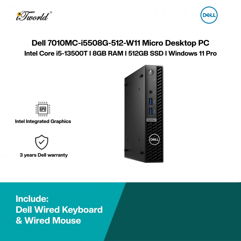 Dell 7010MC-i5508G-512-W11 Micro Desktop PC (i5-13500T,8GB,512GB SSD,Intel Integrated Graphics,W11P,3YPS)