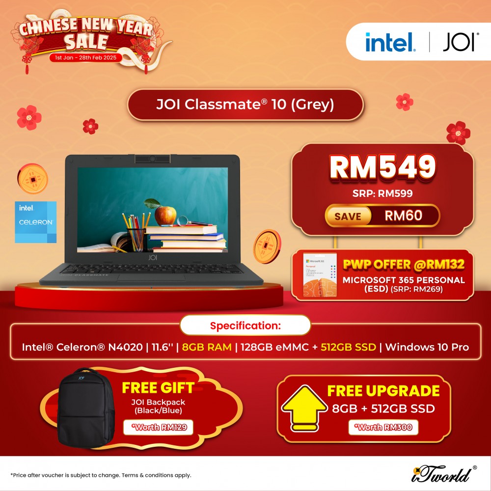 JOI Classmate 10 (Celeron N4020,4GB,128GB eMMC,Intel UHD Graphics 600,11.6”HD,W10 Pro,Grey)