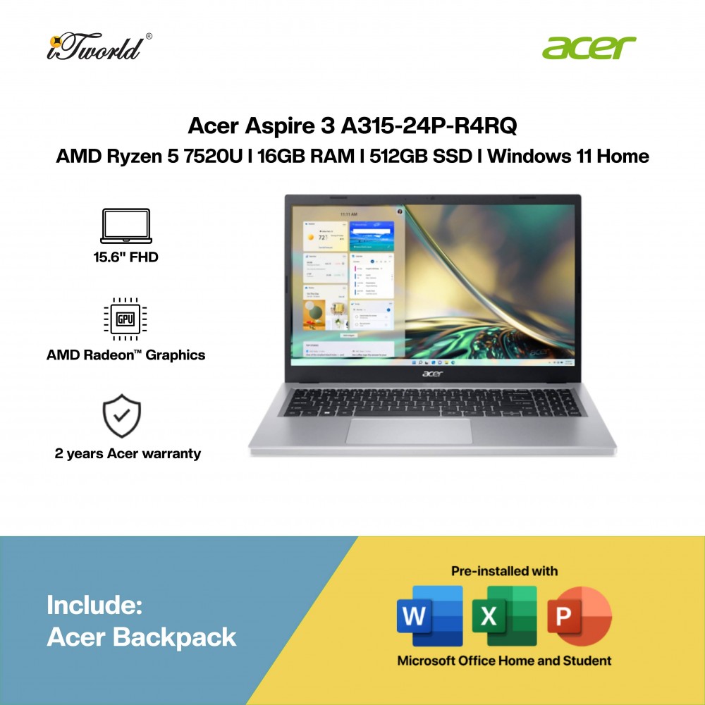 Acer Aspire 3 A315-24P-R4RQ Laptop (R5-7520U,16GB,512GB SSD,AMD Radeon Graphics,H&S+M365,15.6"FHD,W11H,Silver,2Y)