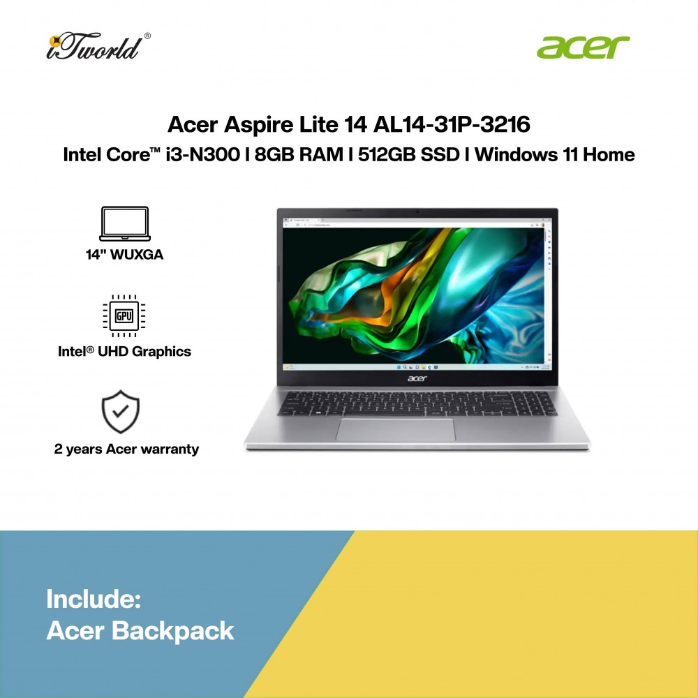 Acer Aspire Lite 14 AL14-31P-3216 Laptop (i3-N300,8GB,512GB SSD,Intel UHD Graphic,H&S,14”WUXGA,W11H,Sil,2Y)