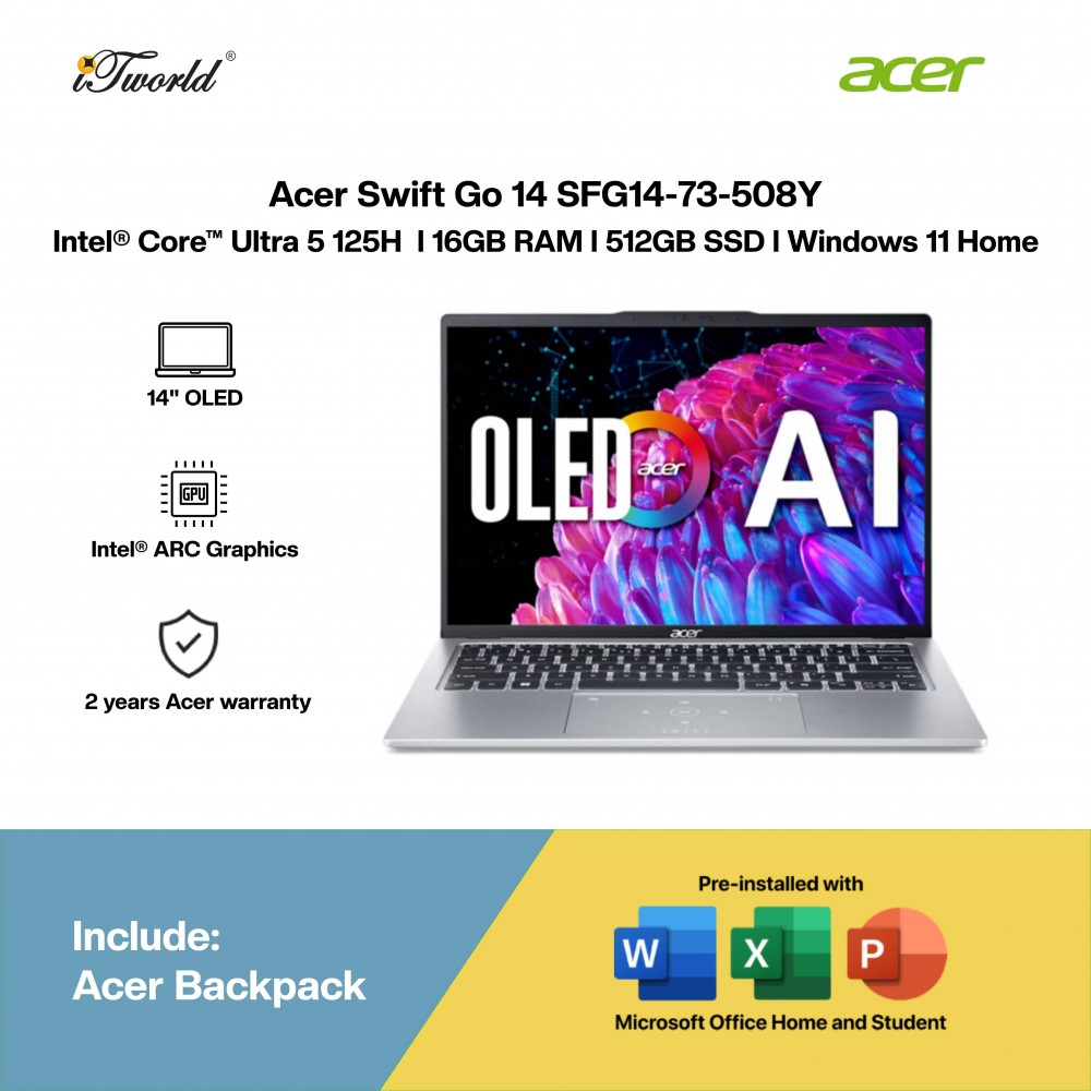 Acer Swift Go 14 SFG14-73-508Y Laptop (CU5-125H,16GB,512GB SSD,Intel Arc Graphics,H&S,14"WQXGA+ OLED,W11H,Silver,2Y)