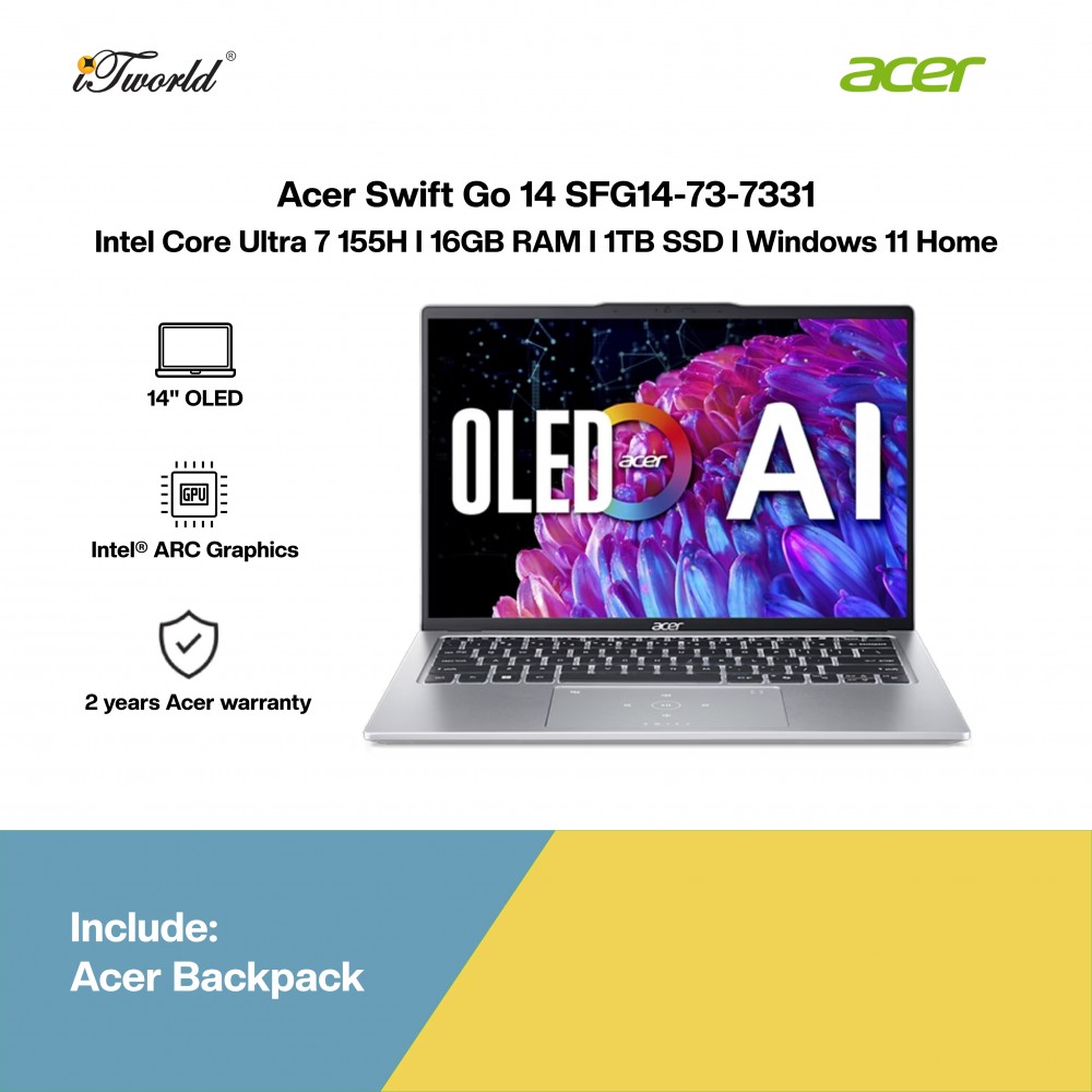 [Pre-order] Acer Swift Go 14 SFG14-73-7331 Laptop (CU7-155H,16GB,1TB SSD,Intel Arc Graphics,H&S,14"WQXGA+ OLED,W11H,Silver,2Y) [ETA:3-5 working days]