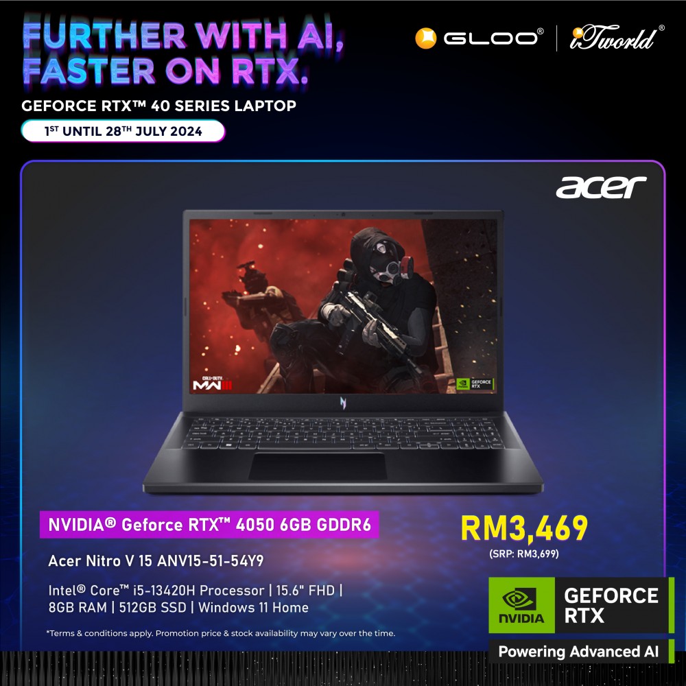 [Pre-order] Acer Nitro V 15 ANV15-51-54Y9 Gaming Laptop (NVIDIA  ® GeForce RTX™ 4050 6GB,i5-13420H,8GB,512GB SSD,15.6” FHD,W11H,Blk,2Y) [ETA:3-5 working days]