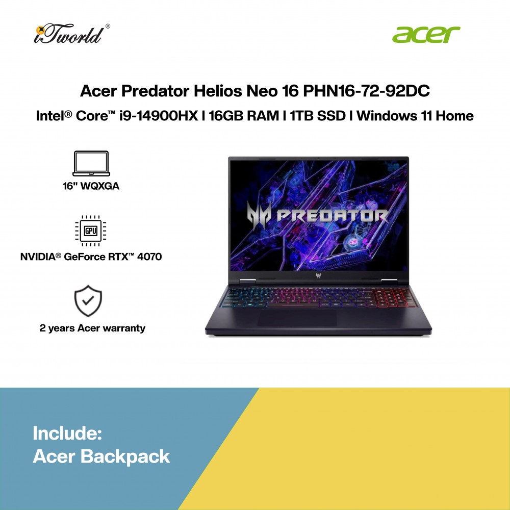 [Pre-order] Acer Predator Helios Neo 16 PHN16-72-92DC Gaming Laptop (i9-14900HX,16GB,1TB SSD,RTX4070 8GB,16"WQXGA,W11H,Black,2Y) [ETA:3-5 working days]