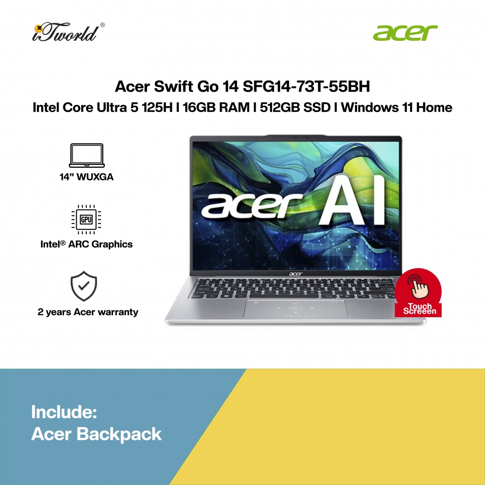 [Pre-order] Acer Swift Go 14 SFG14-73T-55BH Laptop (CU5-125H,16GB,512GB SSD,Intel Arc Graphics,H&S,14"WUXGA-T,W11H,Silver,2Y) [ETA: 3-5 working days]