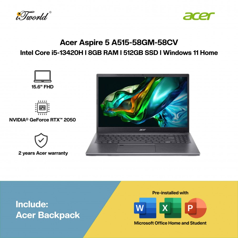 Acer Aspire 5 A515-58GM-58CV Laptop (i5-13420H,8GB,512GB SSD,RTX2050 4GB,H&S,15.6"FHD,W11H,Grey,2Y)