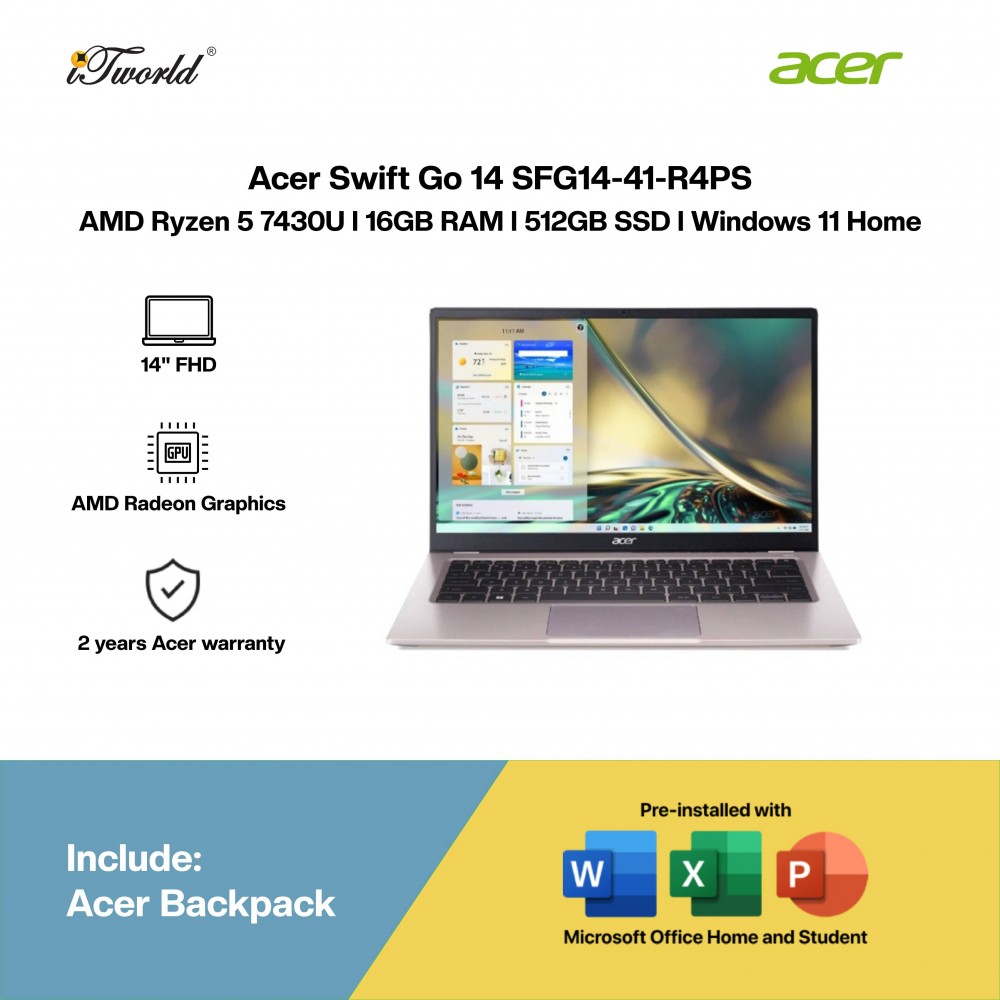 Acer Swift Go 14 SFG14-41-R4PS Laptop (R5-7430U,16GB,512GB SSD,AMD Radeon Graphics,H&S,14” FHD,W11H,Pink,2Y)