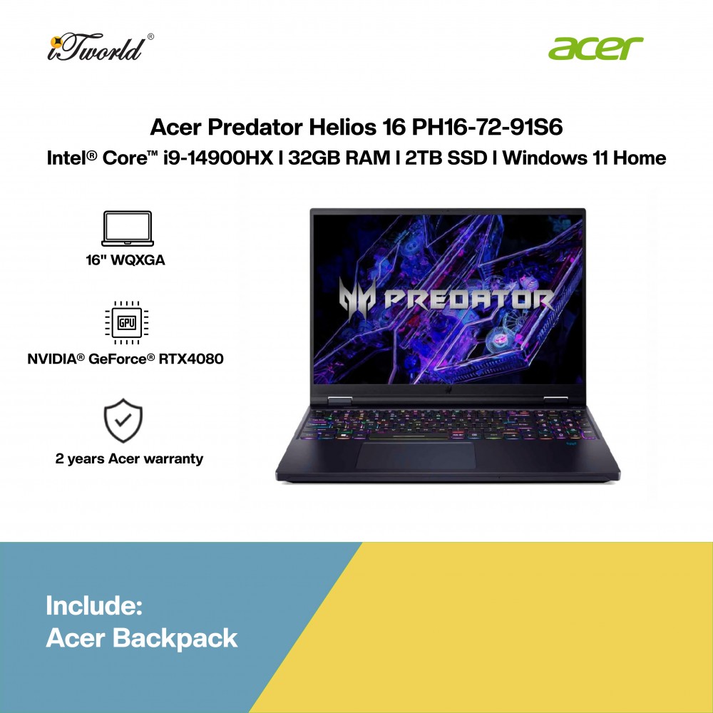 [Pre-order] Acer Predator Helios 16 PH16-72-91S6 Gaming Laptop (i9-14900HX,32GB,2TB SSD,RTX4080 12GB,16” WQXGA,W11H,Blk,2Y) [ETA:3-5 working days]