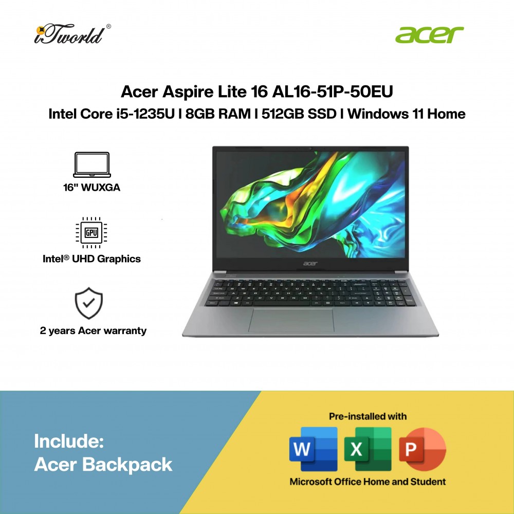 Acer Aspire Lite 16 AL16-51P-50EU Laptop (i5-1235U,8GB,512GB SSD,Intel UHD Graphics,H&S,16” WUXGA, W11H,Grey,2Y)