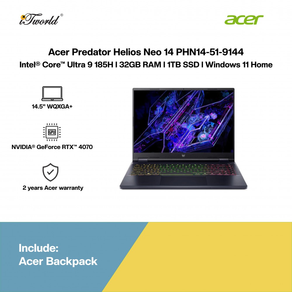 [Pre-order] Acer Predator Helios Neo 14 PHN14-51-9144 Gaming Laptop (U9-185H,32GB,1TB SSD,RTX4070 8GB,14.5"WQXGA+,W11H,Blk,2Y) [ETA:3-5 working days]