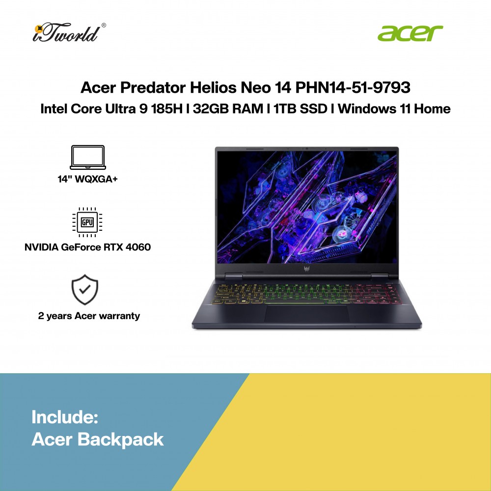 [Pre-order] Acer Predator Helios Neo 14 PHN14-51-9793 Gaming Laptop (Intel  ® Core™ Ultra 9 185H l 14.5” WQXGA+ l 32GB RAM l 1TB SSD l  NVIDIA  ® GeForce RTX™ 4060 8GB l Windows 11 Home)