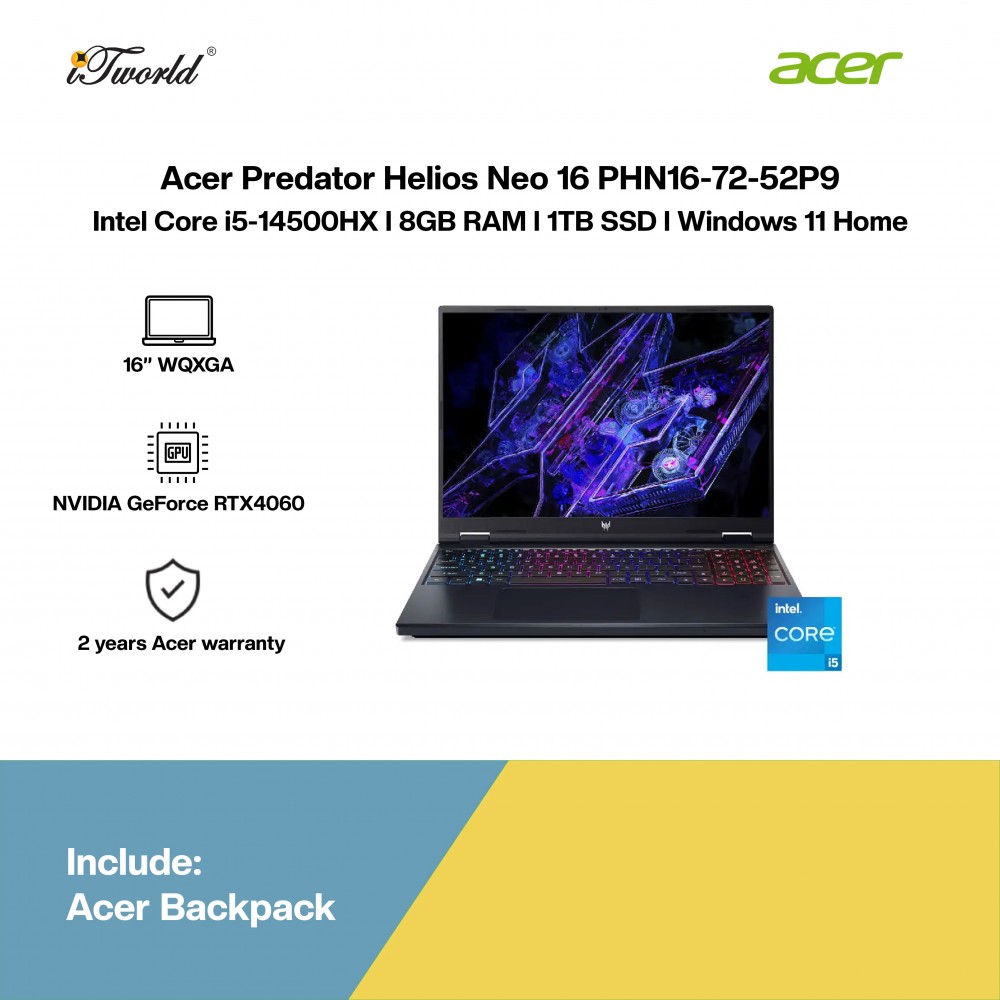 [Pre-order] Acer Predator Helios Neo 16 PHN16-72-52P9 Gaming Laptop (NVIDIA  ® GeForce RTX™ 4060 8GB,i5-14500HX,8GB,1TB SSD,16” WQXGA,W11H,Blk,2Y) [ETA:3-5 working days]