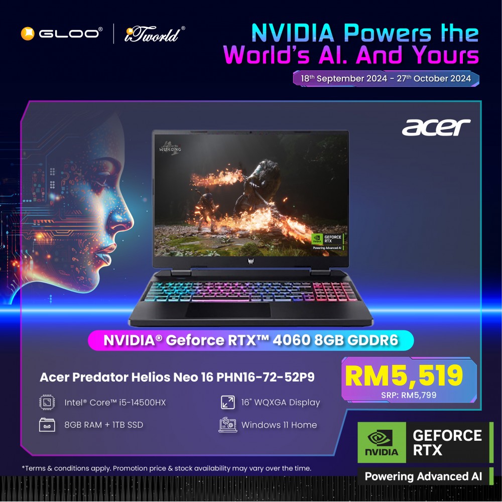 [Pre-order] Acer Predator Helios Neo 16 PHN16-72-52P9 Gaming Laptop (NVIDIA  ® GeForce RTX™ 4060 8GB,i5-14500HX,8GB,1TB SSD,16” WQXGA,W11H,Blk,2Y) [ETA:3-5 working days]