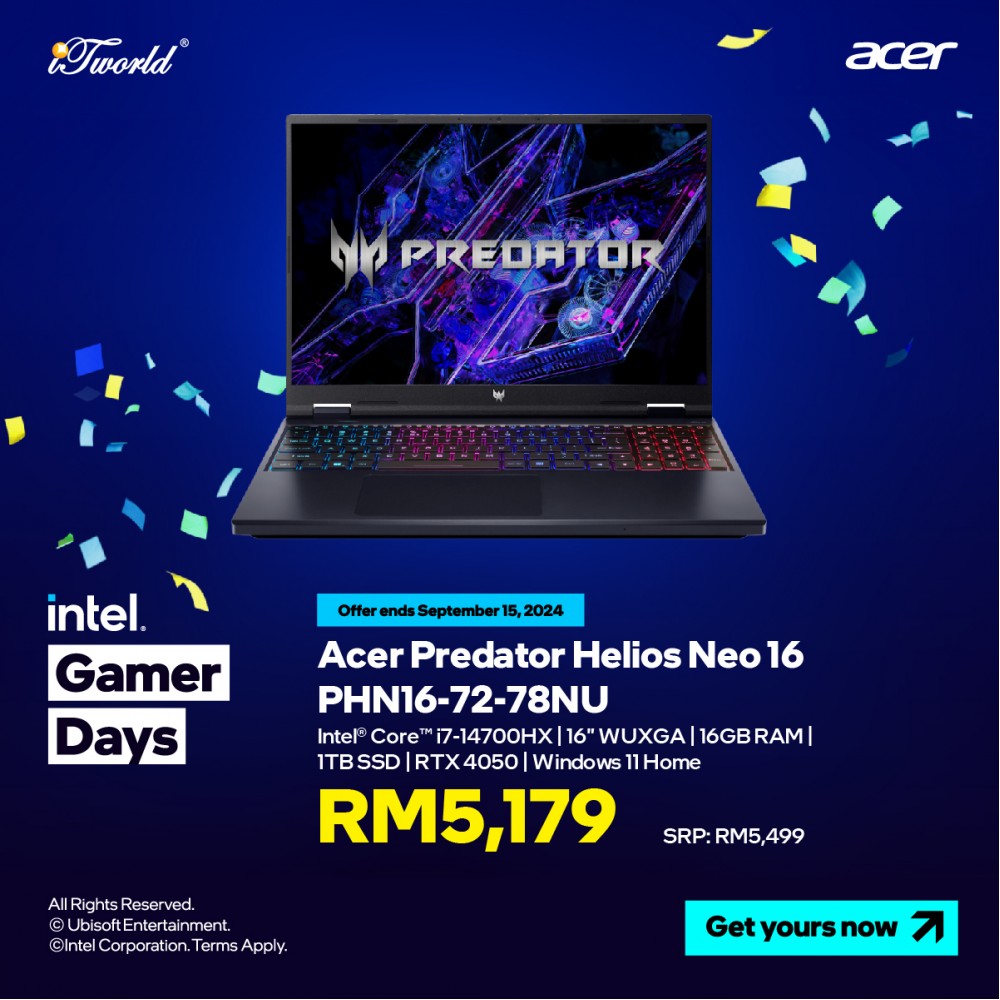 Acer Predator Helios Neo 16 PHN16-72-78NU Gaming Laptop (i7-14700HX,16GB,1TB SSD,RTX4050 6GB,16”WUXGA,W11H,Blk,2 Yrs)