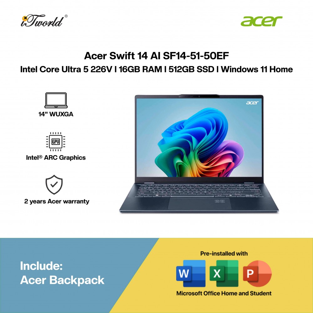 Acer Swift 14 AI SF14-51-50EF Laptop (U5 Series 2-226V,16GB,512GB SSD,Intel Arc Graphics,H&S+M365,14” WUXGA,W11H,Blue,2Y)