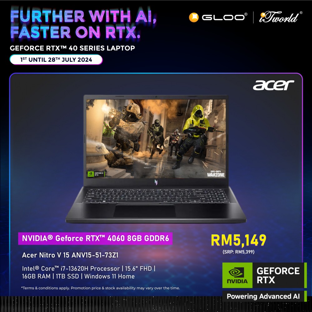 Acer Nitro V 15 ANV15-51-73Z1 Gaming Laptop (NVIDIA  ® GeForce RTX™ 4060 8GB, i7-13620H,16GB,1TB SSD,15.6”FHD,W11H,Blk,2Y)