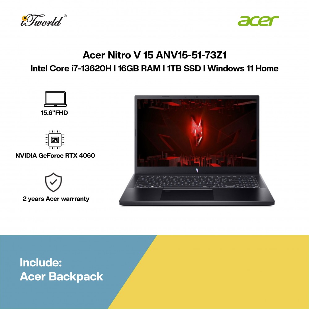 Acer Nitro V 15 ANV15-51-73Z1 Gaming Laptop (NVIDIA  ® GeForce RTX™ 4060 8GB, i7-13620H,16GB,1TB SSD,15.6”FHD,W11H,Blk,2Y)