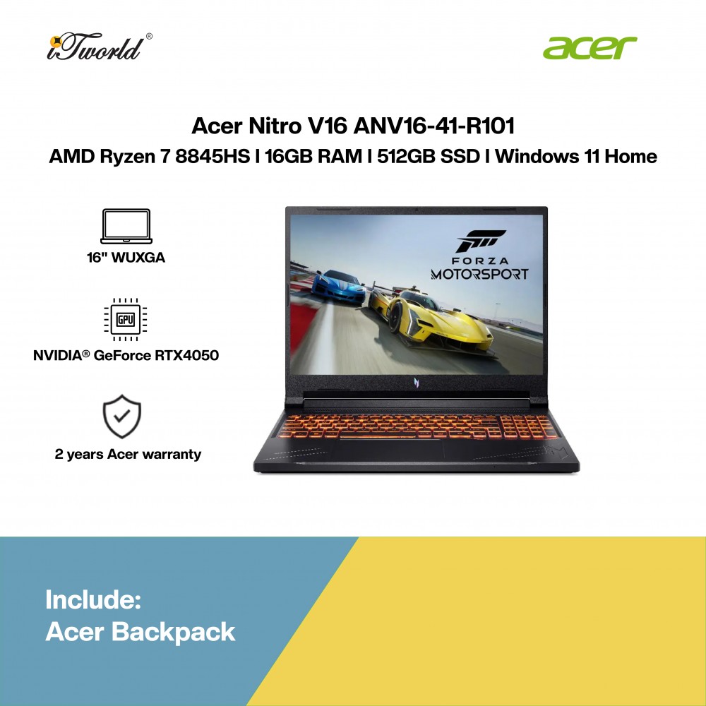 [Pre-order] Acer Nitro V16 ANV16-41-R101 Gaming Laptop (NVIDIA  ® GeForce RTX™ 4050 6GB,R7-8845HS,16GB,512GB SSD,16”WUXGA,W11H,Blk,2Yrs) [ETA:3-5 working days]