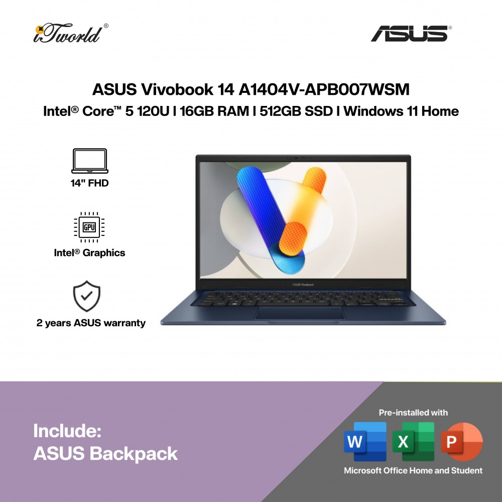 ASUS Vivobook 14 A1404V-APB007WSM Laptop (C5-120U,16GB,512GB SSD,Intel Graphics,H&S+M365,14” FHD,W11H,Blue,2Y)