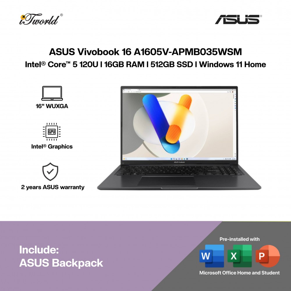 ASUS Vivobook 16 A1605V-APMB035WSM Laptop (C5-120U,16GB,512GB SSD,Integrated,H&S+M365,16”WUXGA,W11H,Blk,2Y)