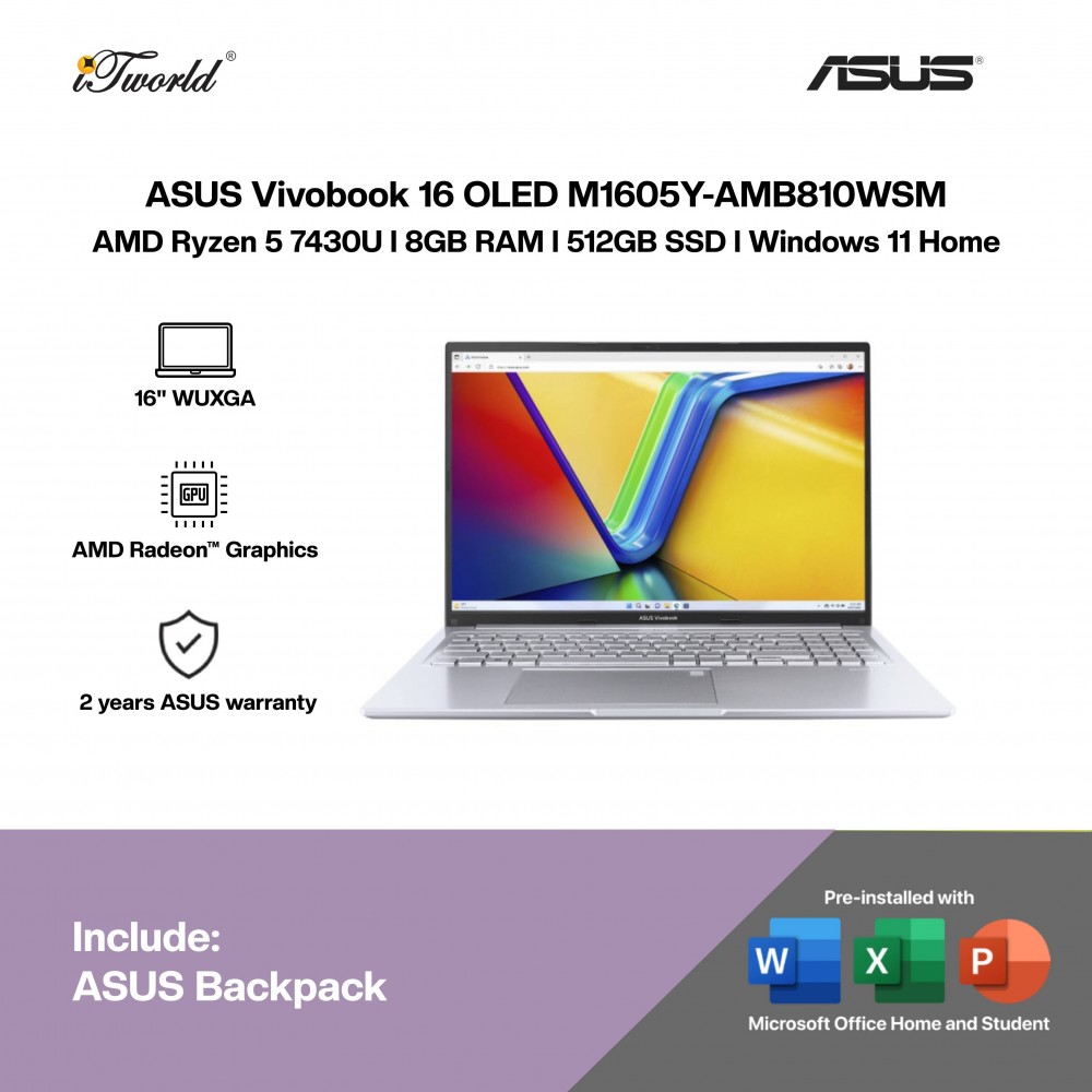 ASUS Vivobook 16 OLED M1605Y-AMB810WSM Laptop (R5-7430U,8GB,512GB SSD,AMD Radeon Graphics,H&S+M365,16” WUXGA,W11H,Sil,2Y)