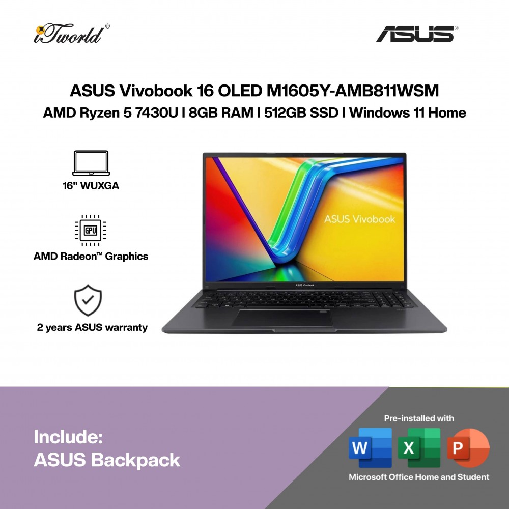 ASUS Vivobook 16 OLED M1605Y-AMB811WSM Laptop (R5-7430U,8GB,512GB SSD,AMD Radeon Graphics,H&S+M365,16” WUXGA,W11H,Blk,2Y)