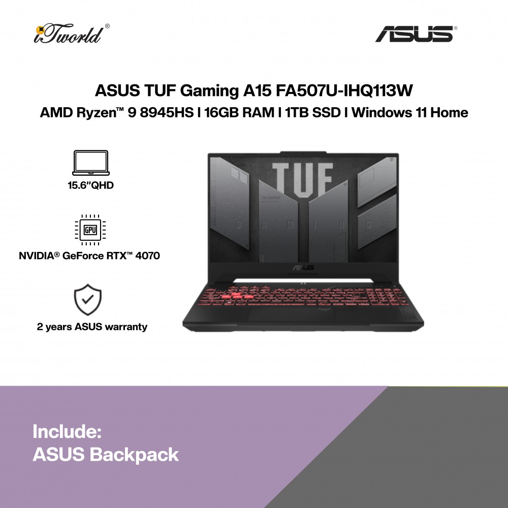 [Pre-order] ASUS TUF Gaming A15 FA507U-IHQ113W Gaming Laptop (NVIDIA  ® GeForce RTX™ 4070 8GB,R9-8945H,16GB,1TB SSD,15.6"QHD,W11H,Jaeger Gray,2Y) [ETA:3-5 working days]