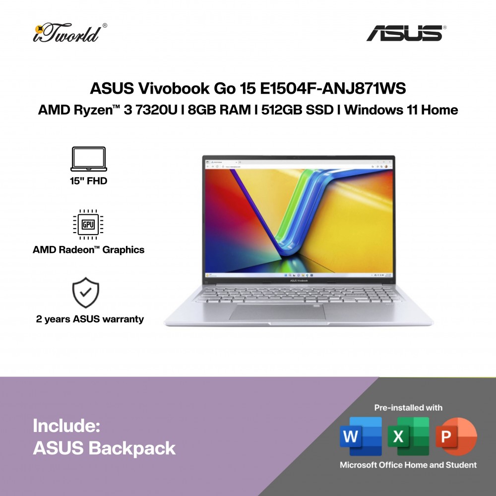 ASUS Vivobook Go 15 E1504F-ANJ871WS Laptop (R3-7320U,8GB,512GB SSD,AMD Radeon Graphics,H&S,15.6”FHD,W11H,2Y)