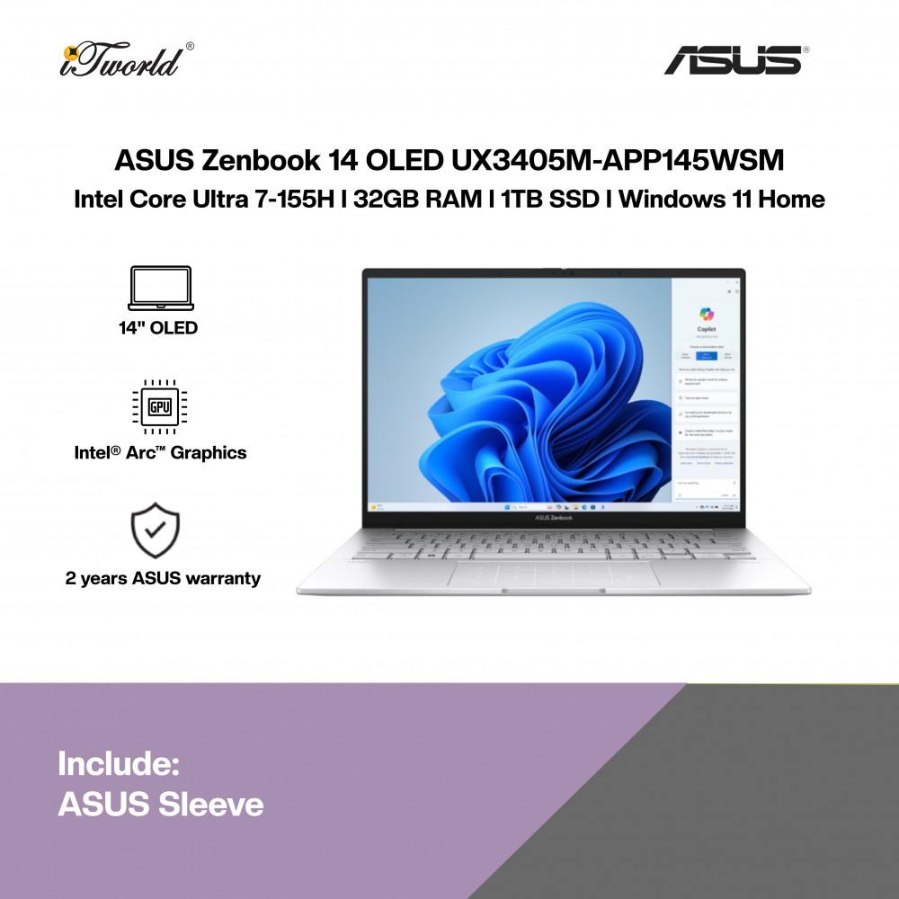 [Pre-order] ASUS Zenbook 14 OLED UX3405M-APP145WSM Laptop (CU7-155H,32GB,1TB,Intel Arc,H&S+M365,14"3K OLED,W11H,Foggy Silver,2Y) [ETA:3-5 working days]