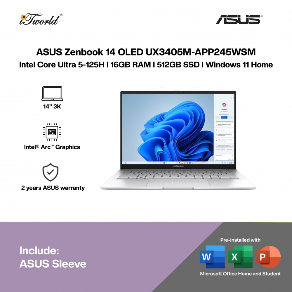 ASUS Zenbook 14 OLED UX3405M-APP245WSM Laptop (CU5-125H,16GB,512GB SSD,Intel Arc Graphics,H&S+M365,14”3K OLED,W11H,Silver,2Y)