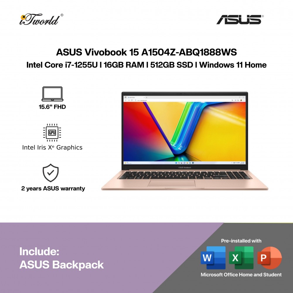 ASUS Vivobook 15 A1504Z-ABQ1888WS Laptop (i7-1255U,16GB,512GB SSD,Intel Iris Xe Graphics,H&S,15.6”FHD,W11H,Terra Cotta,2Y)