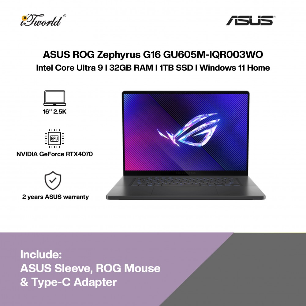 [Pre-order] ASUS ROG Zephyrus G16 GU605M-IQR003WO Gaming Laptop (NVIDIA  ® GeForce RTX™ RTX4070 8GB,Core Ultra 9-185H,32GB,1TB SSD,16"WQXGA,W11H,Gray,2Y) [ETA:3-5 working days]