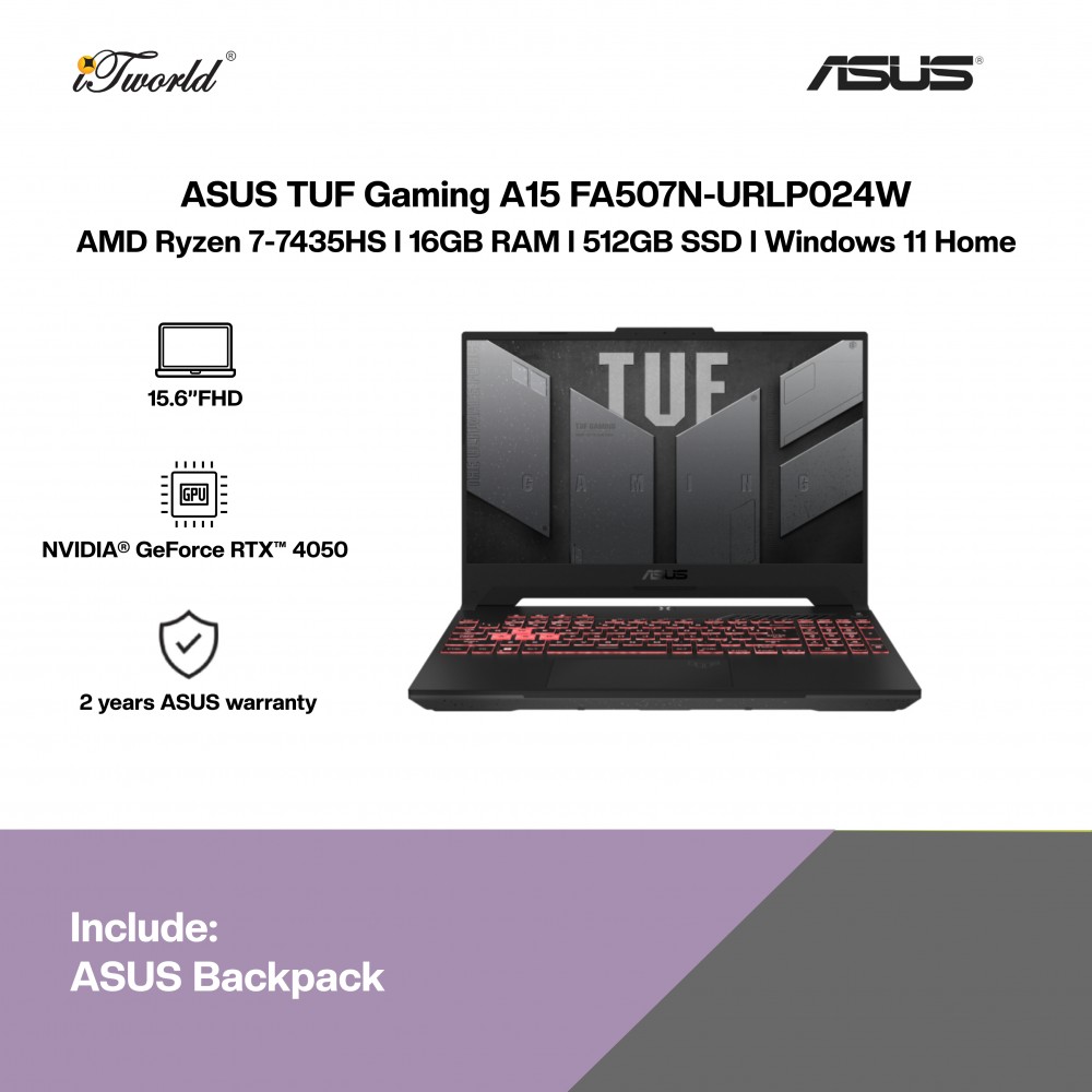 [Pre-order] ASUS TUF Gaming A15 FA507N-URLP024W Laptop (NVIDIA  ® GeForce RTX™ 4050 6GB,R7-7435HS,16GB,512GB SSD,15.6”FHD,W11H,Gray,2 Yrs)