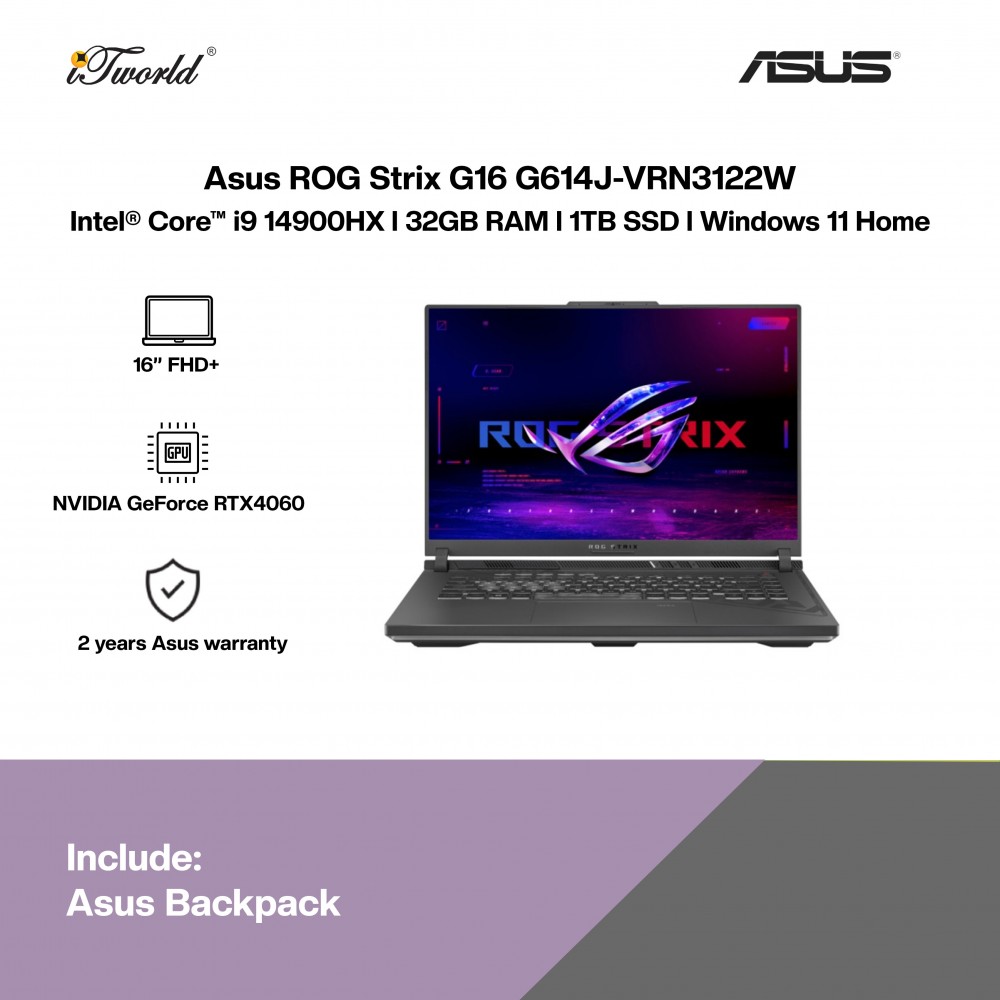 [Pre-order] Asus ROG Strix G16 G614J-VRN3122W Laptop (i9-14900HX,32GB,1TB SSD,RTX4060 8GB,16” FHD+,W11H,Green,2Y) [ETA: 3-5 working days]