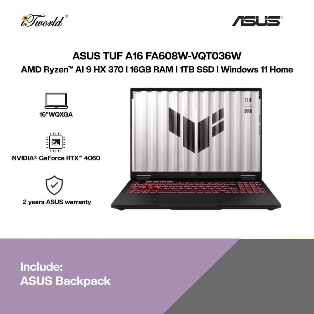 ASUS TUF A16 FA608W-VQT036W Gaming Laptop (Ryzen AI 9-HX370,16GB,1TB SSD,RTX4060 8GB,16”WQXGA,W11H,Gray,2Y)