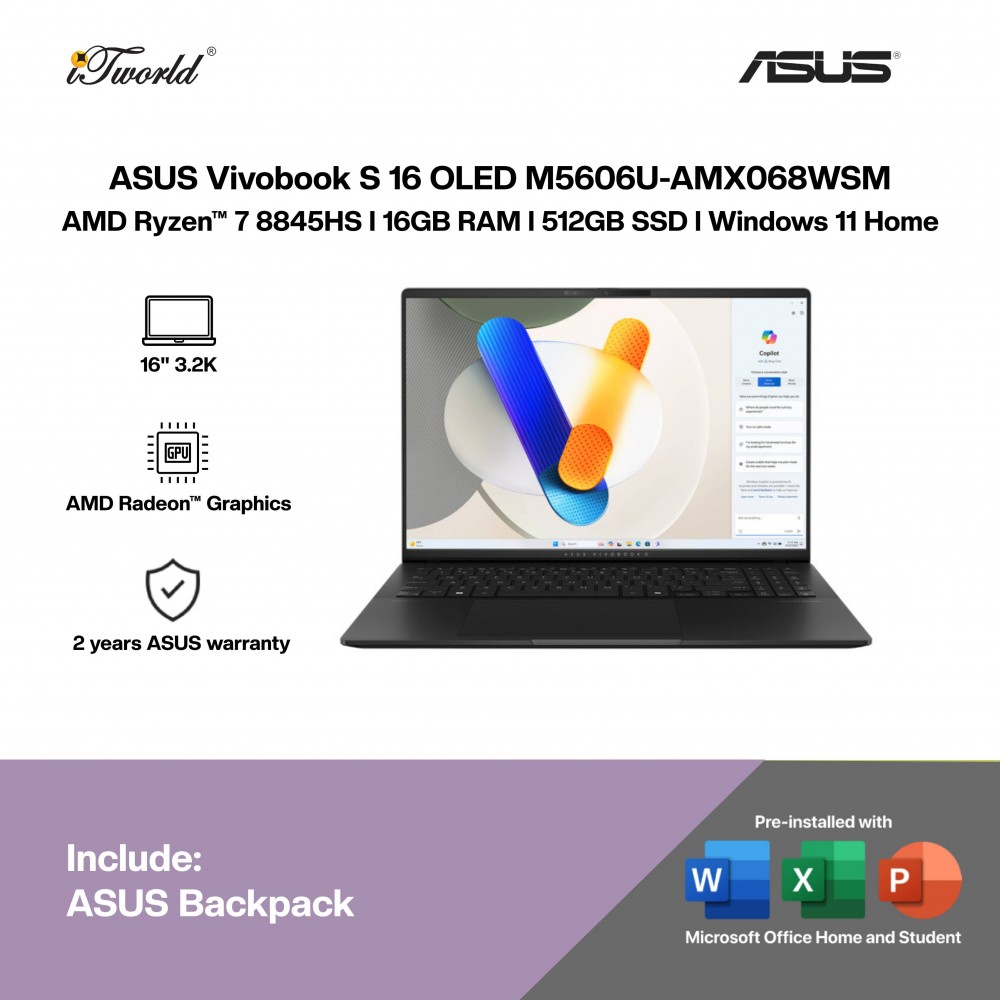 ASUS Vivobook S 16 OLED M5606U-AMX068WSM Laptop (R7-8845HS,16GB,512GB SSD,AMD Radeon Graphics,H&S+M365,16”3.2K OLED,W11H,Black,2Y)