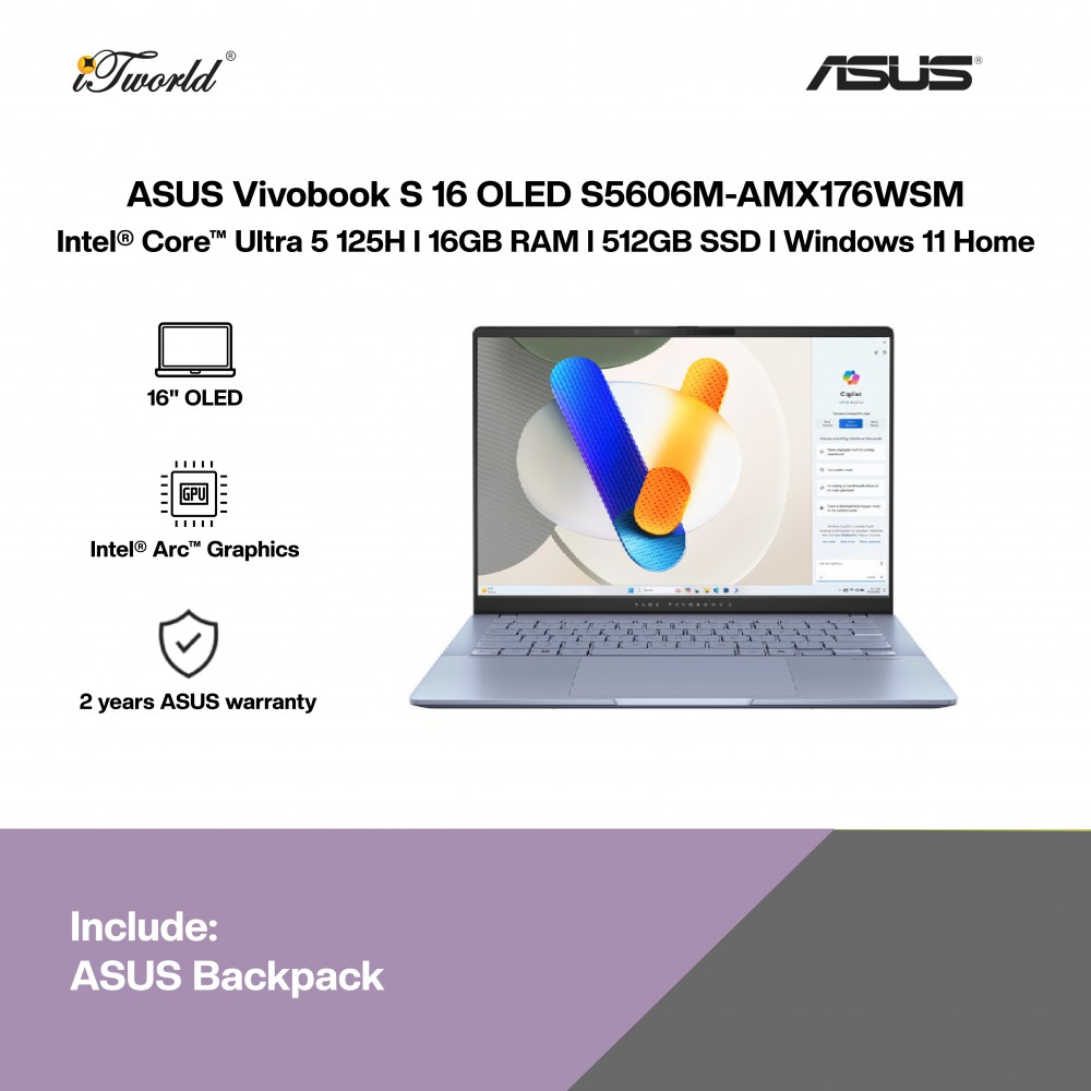 [Pre-order] ASUS Vivobook S 16 OLED S5606M-AMX176WSM Laptop (CU5-125H,16GB,512GB SSD,Intel Arc Graphics,H&S+M365,16”3.2K OLED,W11H,Blue,2Y) [ETA:3-5 working days]