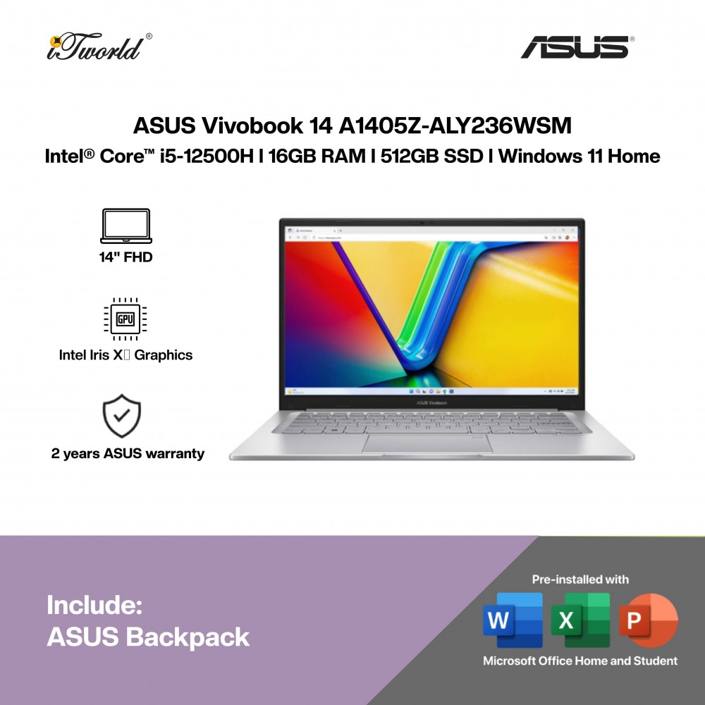 ASUS Vivobook 14 A1405Z-ALY236WSM Laptop (i5-12500H,16GB,512GB SSD,Intel Iris Xe Graphics,H&S+M365,14” WUXGA,W11H,Sil,2Y)