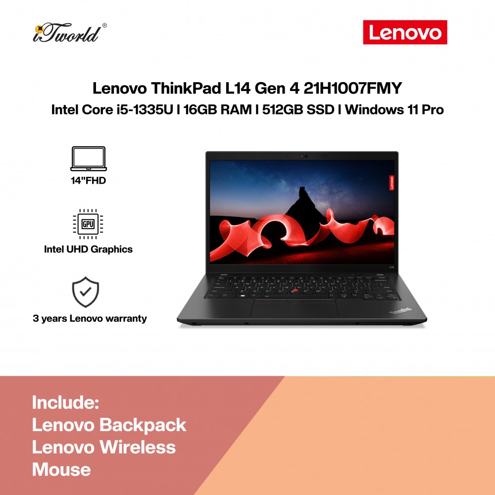 Lenovo ThinkPad L14 Gen 4 21H1007FMY Laptop (i5-1335U,16GB,512GB SSD,Intel UHD Graphics,14"FHD,W11P,3Y)[Include Lenovo Backpack and Wireless Mouse]