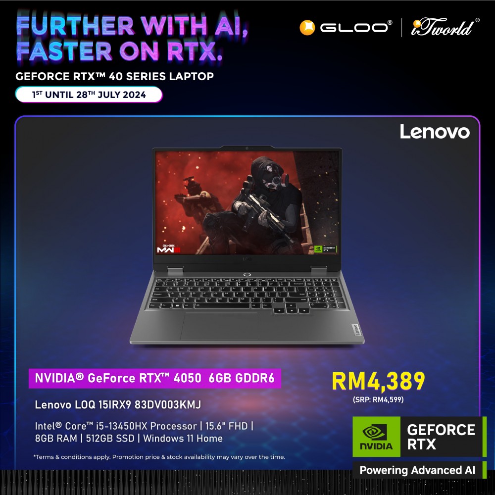 [Pre-order] Lenovo LOQ 15IRX9 83DV003KMJ Gaming Laptop (NVIDIA  ® GeForce RTX™ 4050 6GB,i5-13450HX,8GB,512GB SSD,15.6” FHD,W11H,Grey,2Y) [ETA:3-5 working days]