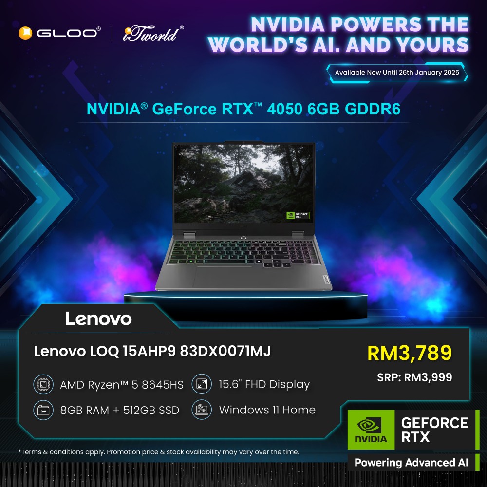 Lenovo LOQ 15AHP9 83DX0071MJ Gaming Laptop (NVIDIA  ® GeForce RTX™ 4050 6GB,R5-8645HS,8GB,512GB SSD,15.6"FHD,W11H,Luna Grey,2Yrs)