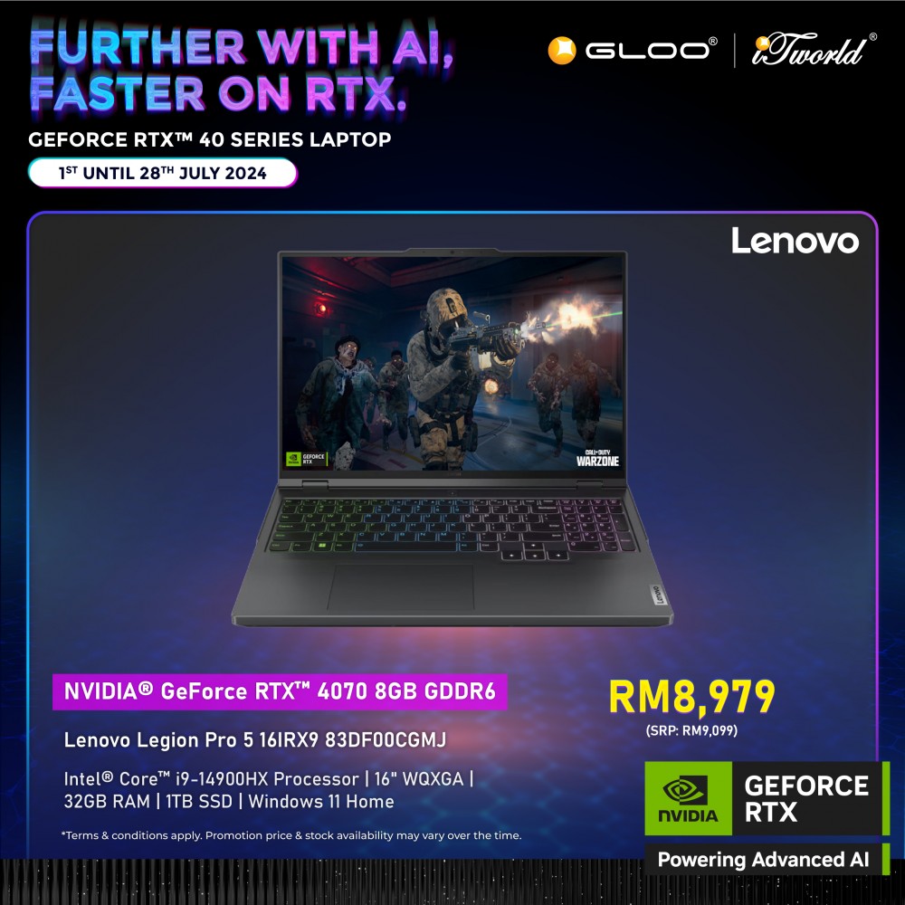 [Pre-order] Lenovo Legion Pro 5 16IRX9 83DF00CGMJ Gaming Laptop (NVIDIA  ® GeForce RTX™ 4070 8GB,i9-14900HX,32GB,1TB SSD,16"WQXGA,W11H,Grey,2Y) [ETA:3-5 working days]