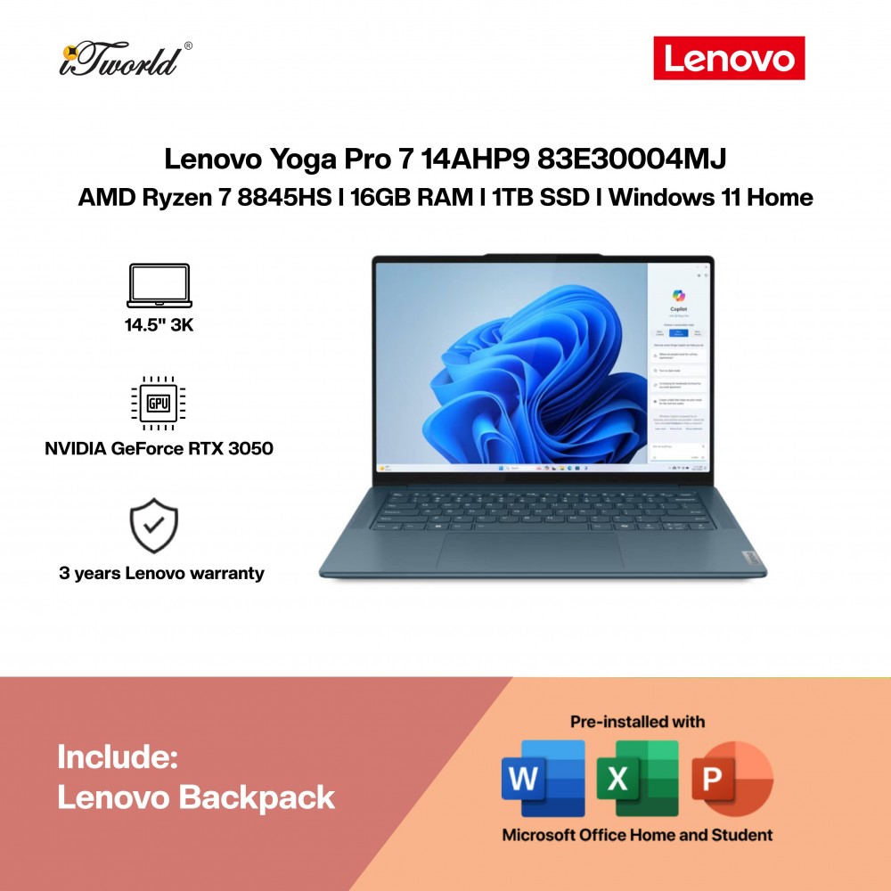 Lenovo Yoga Pro 7 14AHP9 83E30004MJ Laptop (R7-8845HS,16GB,1TB SSD,NV RTX3050 6GB,H&S,14.5"3K,W11H,TIDAL TEAL,3Y)