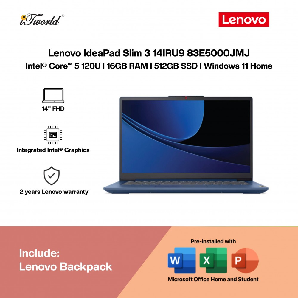 Lenovo IdeaPad Slim 3 14IRU9 83E5000JMJ Laptop (C5-120U,16GB,512GB SSD,Intel Graphics,H&S,14"FHD,W11H,Abyss Blue,2Y)