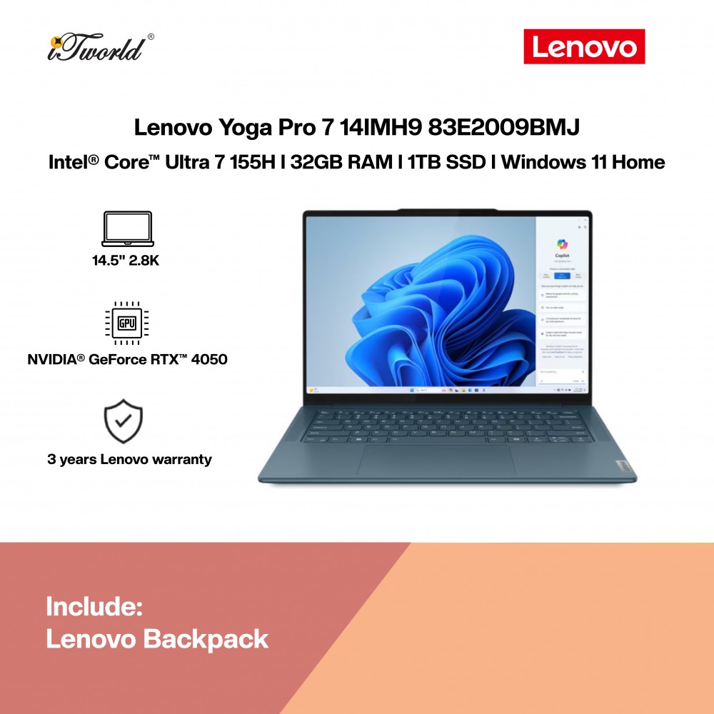 [Pre-order] Lenovo Yoga Pro 7 14IMH9 83E2009BMJ Gaming Laptop (U7-155H,32GB,1TB SSD,RTX4050 6GB,H&S,14.5” 2.8K OLED,W11H,Tidal Teal,3 Yrs) [ETA:3-5 working days]