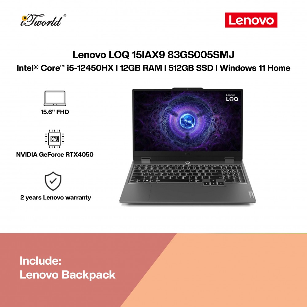 Lenovo LOQ 15IAX9 83GS005SMJ Gaming Laptop (NVIDIA  ® GeForce RTX™ 4050 6GB,i5-12450HX,12GB,512GB SSD,15.6"FHD,W11H,Luna Grey,2Y)