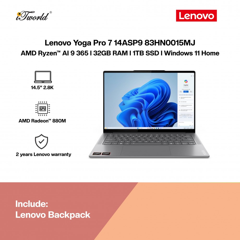 Lenovo Yoga Pro 7 14ASP9 83HN0015MJ Laptop (R9 AI-365,32GB,1TB SSD,Integrated Graphics,H&S,14.5”2.8K OLED,W11H,Luna Grey,2Y)